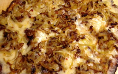 Savory Veggie Pizza Crust topped with Caramelized Onions