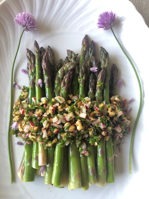 Asparagus Salad with Chive Radish Walnut Crumble